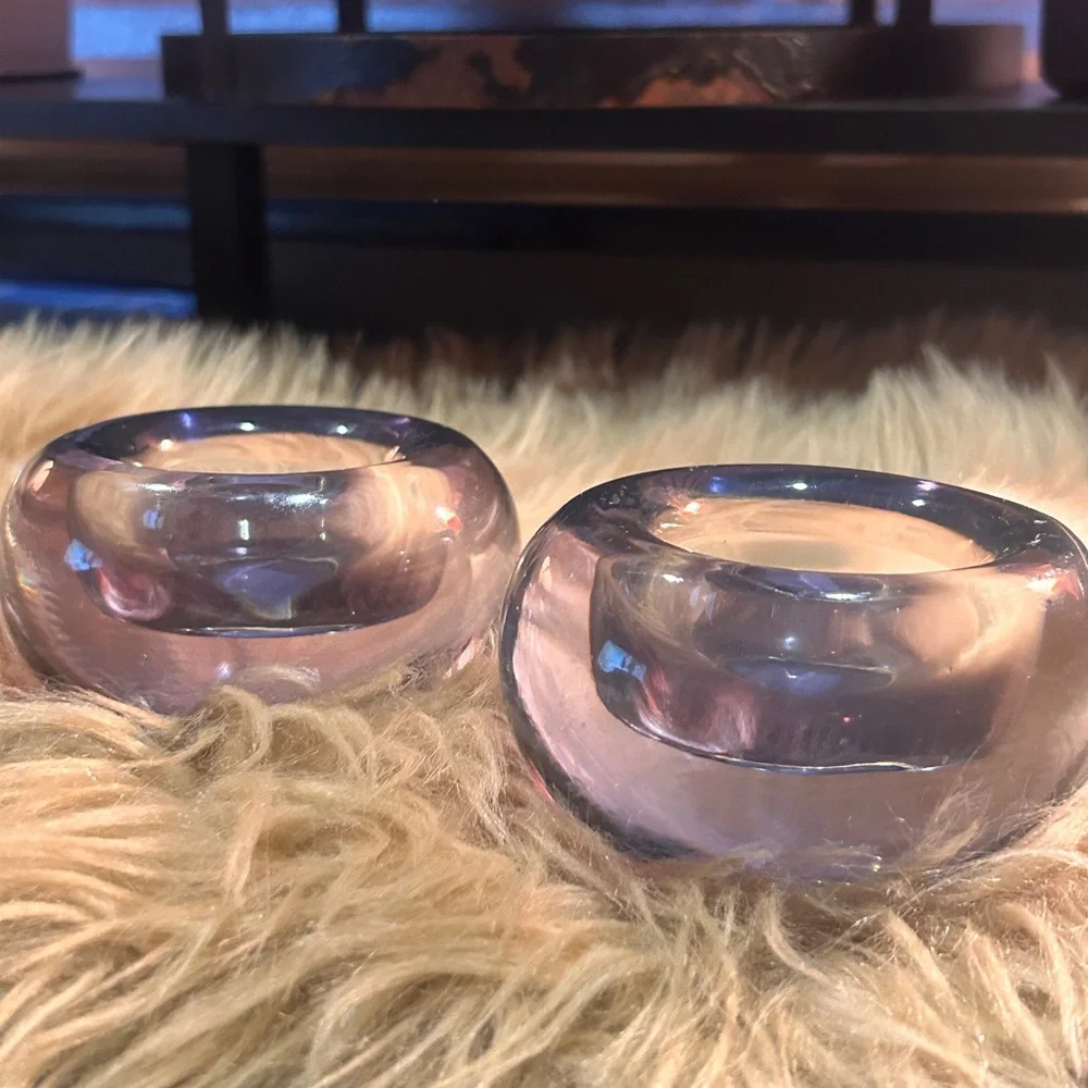 Crate and Barrel purple glow tea light holders glass